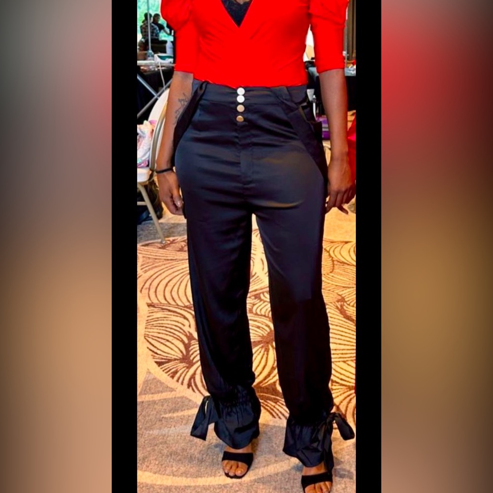 Satin suspender pants with ankle ties